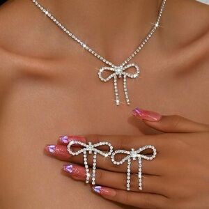 3pcs Rhinestone Crystal Bow Choker Necklace Earrings Sets, Christmas Zirconia